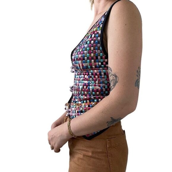 Vintage Womens Rainbow Lattice Checkered V Neck Waistcoat Vest Sz M Petite - Picture 6 of 10